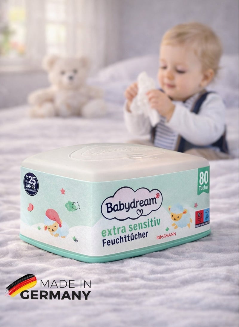 ROSSMANN German Brand Wipes , BabyDream Baby Wipes Box, 80 pieces, for sensitive skin, gentle cleaning, without perfume, with Aloe Vera & Allantoin, Wet wipes - Image 1